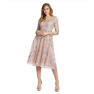 Mac Duggal Long Sleeve Floral Embroidered Tea Length Dress size 4